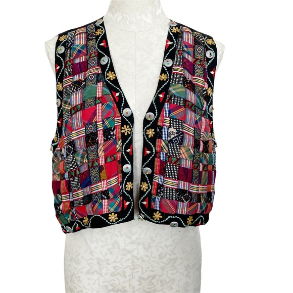 Vintage Jou Jou Embellished Silk Ribbon Plaid Button Ornate Vest - Picture 8 of 9